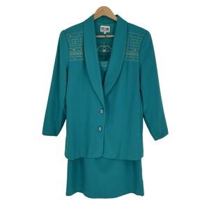 VTG City Girl by Nancy Bolen Size 16 Skirt Suit Teal Aqua Embellished Made in US